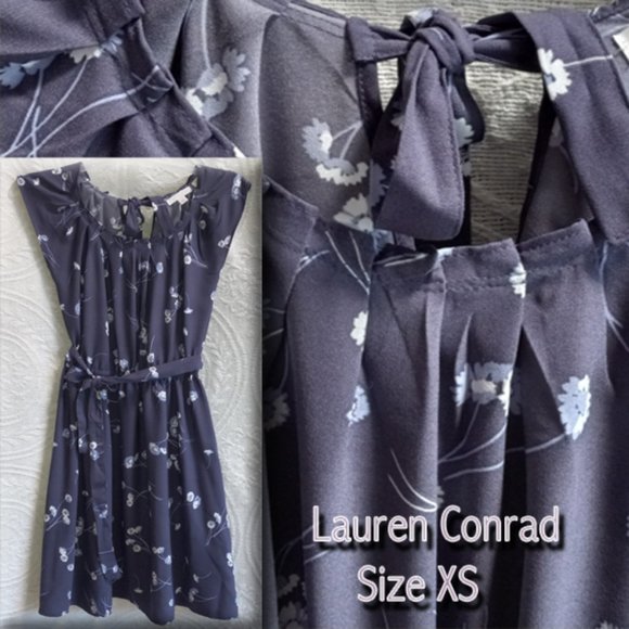 Lauren Conrad Gray & White Daisy Flower Dress Tie Neck & Elastic Waist Size XS - Picture 1 of 11
